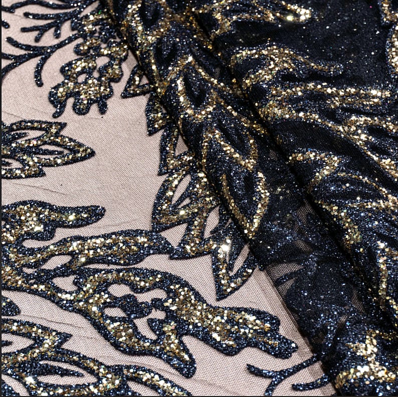 Glitter tulle lace mesh fabric gold Shiny floral 3d lace fabric by the yard