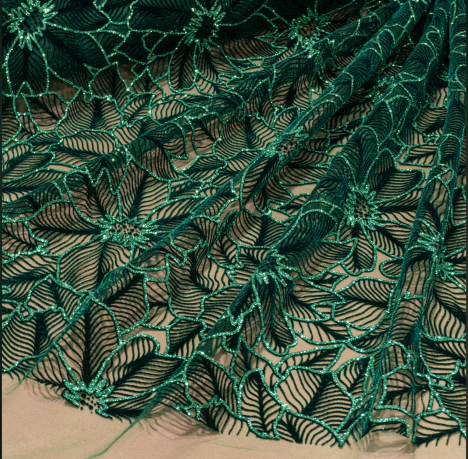 Green glitter fabric Lace by the yard Shiny mesh floral Etsy