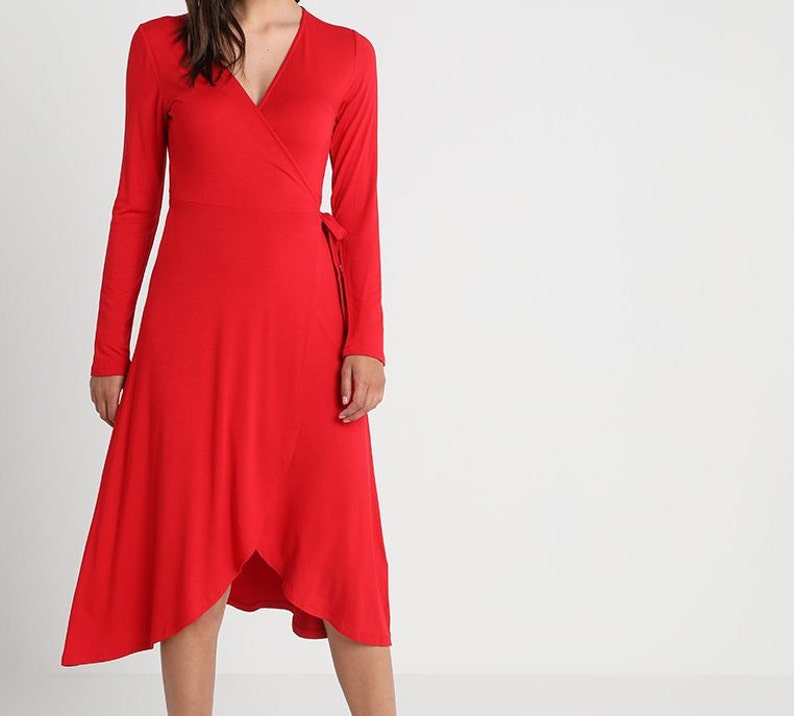 red linen wrap dress