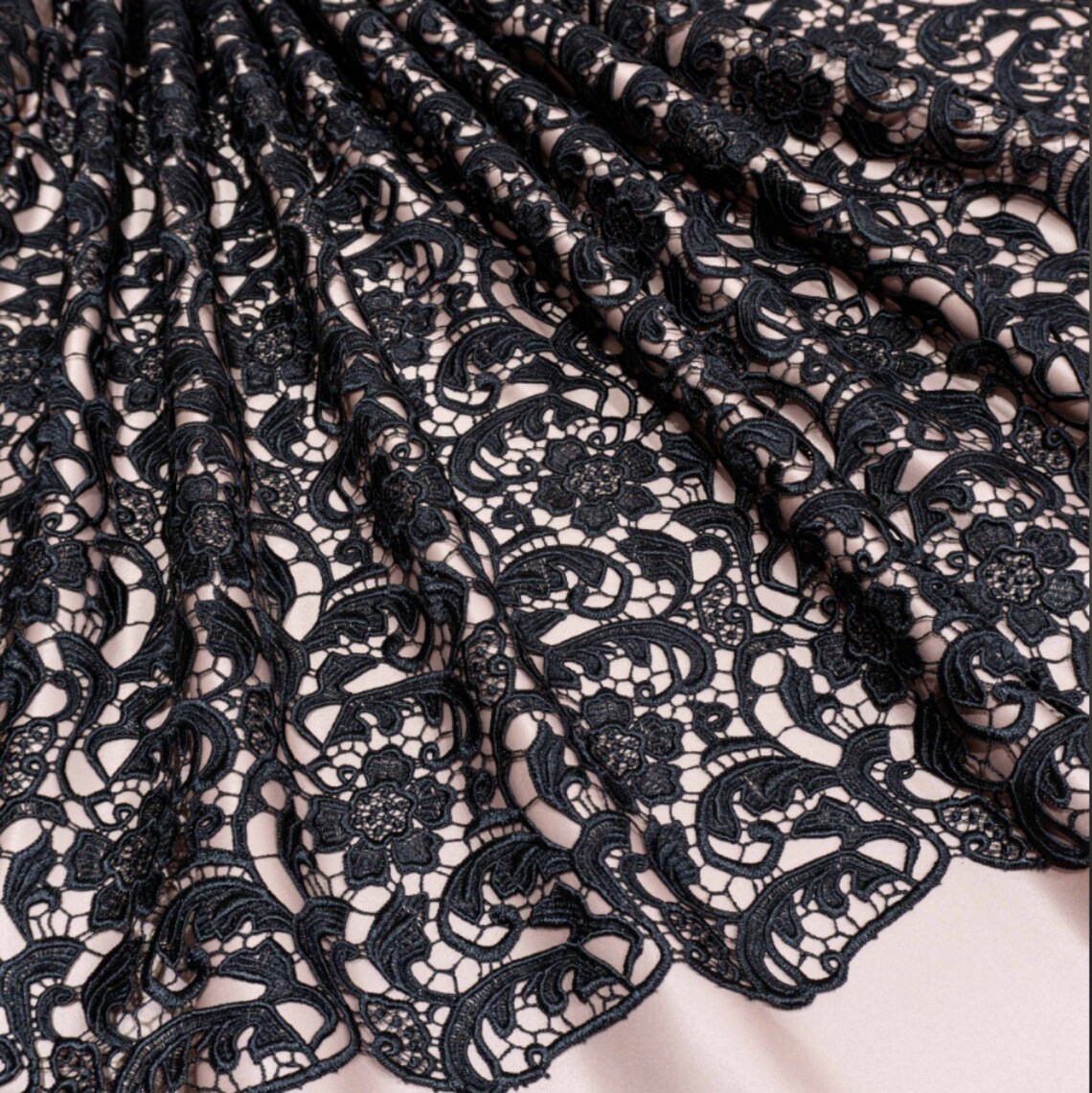 Macrame lace black floral fabric by the yard Guipure ivory | Etsy