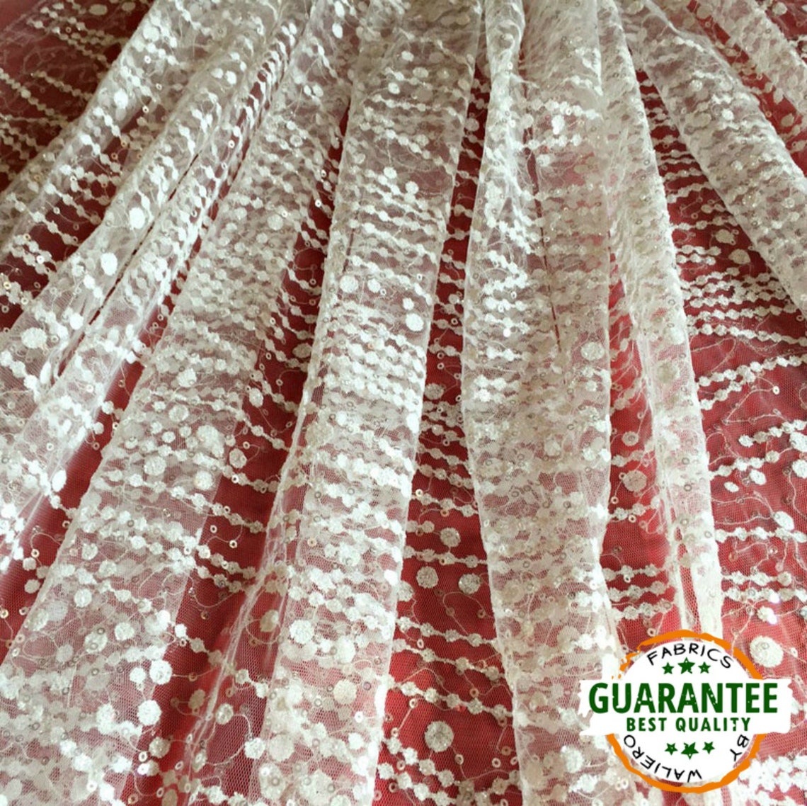 Tissu brillant en maille ivoire paillettes tulle 3d ...