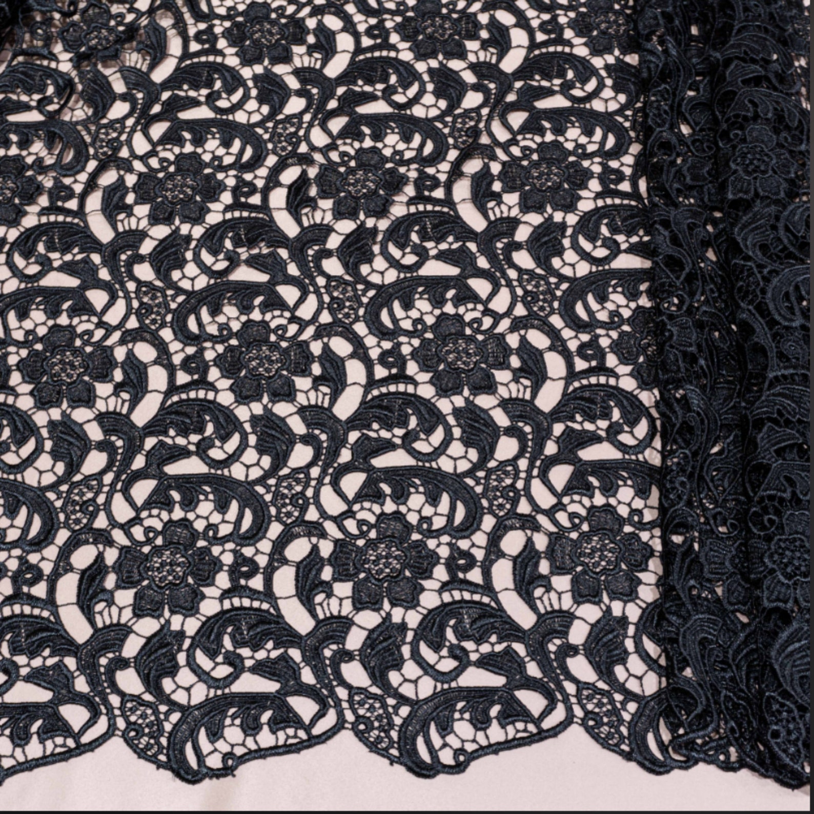 Macrame lace black floral fabric by the yard Guipure ivory | Etsy