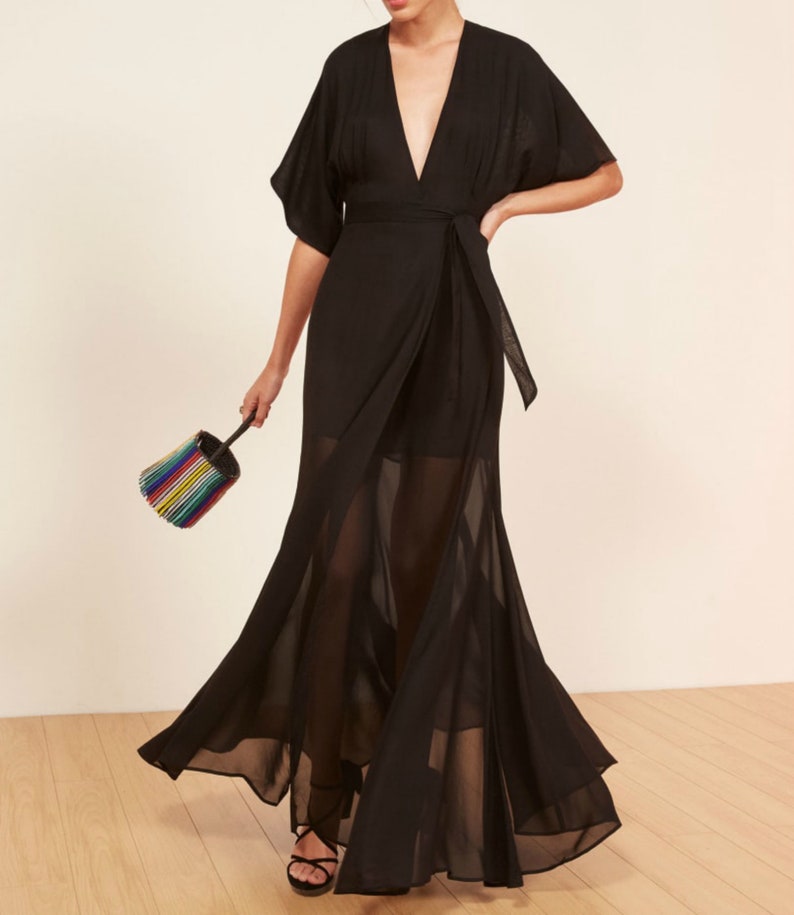 Silk wrap gothic black dress Wedding guest wrap dress | Etsy