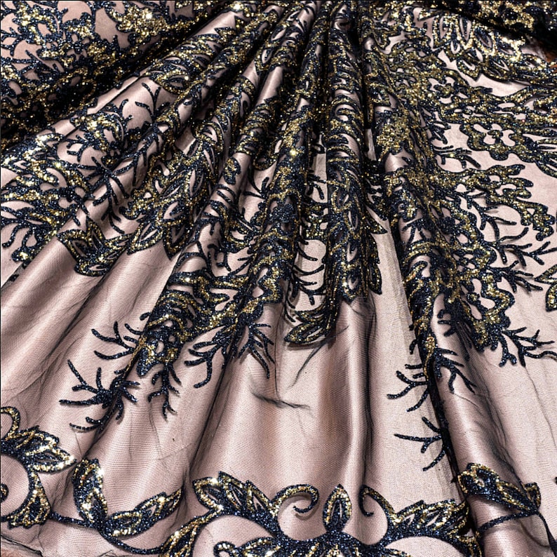 Glitter tulle lace mesh fabric gold Shiny floral 3d lace fabric by the yard