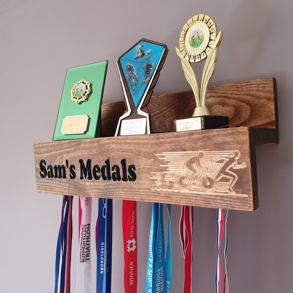 Medal and trophy display hanger rack with shelf. Personalised gift. Running Race  Medals Christmas idea for football, runners, marathon, run