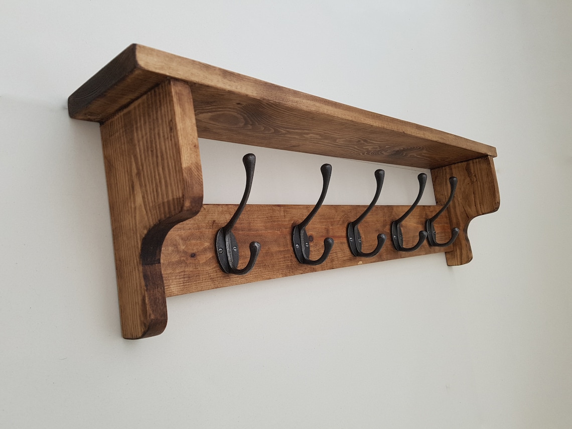 Traditional wooden wall mounted coat rack with shelf and top Etsy