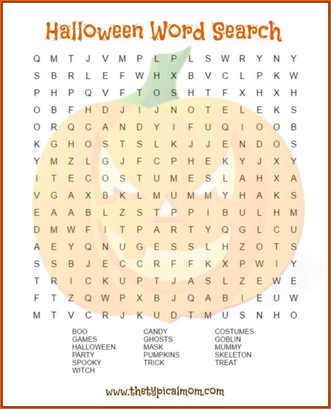 pumpkin halloween word search printable - etsy