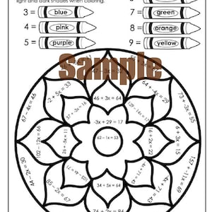 May include: A black and white "Color by Number" worksheet featuring a floral pattern. The worksheet includes mathematical equations and a colour key with crayons labelled blue, pink, purple, red, green, orange, and yellow. The word "Sample" is overlaid on the image.
