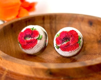 Boucles d'oreilles puces brodées coquelicot rouge Boucles d'oreilles petit point