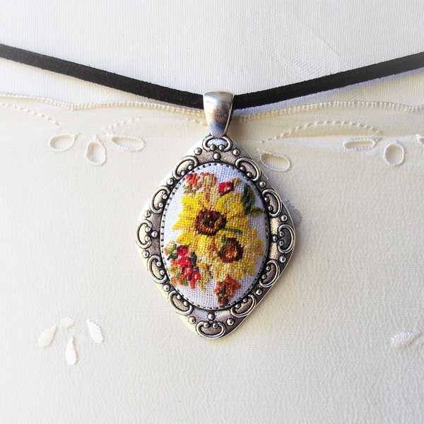 Sunflower and dog rose berry embroidered necklace Petit point pendant