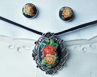 Yellow rose embroidered jewelry set Petit point jewelry