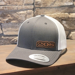 May include: A gray and white trucker hat with a brown leather patch that says "208". The hat has a mesh back and a snap closure. The hat is made by "The Authentic" and says "Snapback" and "Forging Since 1974" on the label.