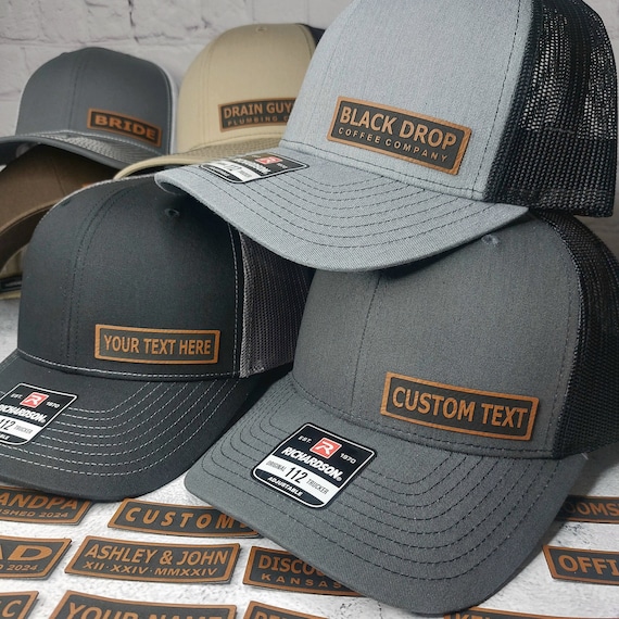 Custom Text Hat, Personalized Caps, Customized Company Business Logo Caps, Company Name Hats, Customizable Leather Patch Trucker Hats