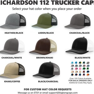 May include: A selection of Richardson 112 trucker caps in various colors, including heather/black, loden/black, charcoal/black, charcoal/white, brown/khaki, black/white, khaki/coffee, and black/charcoal. The image also displays a color chart with over 100 colors available.