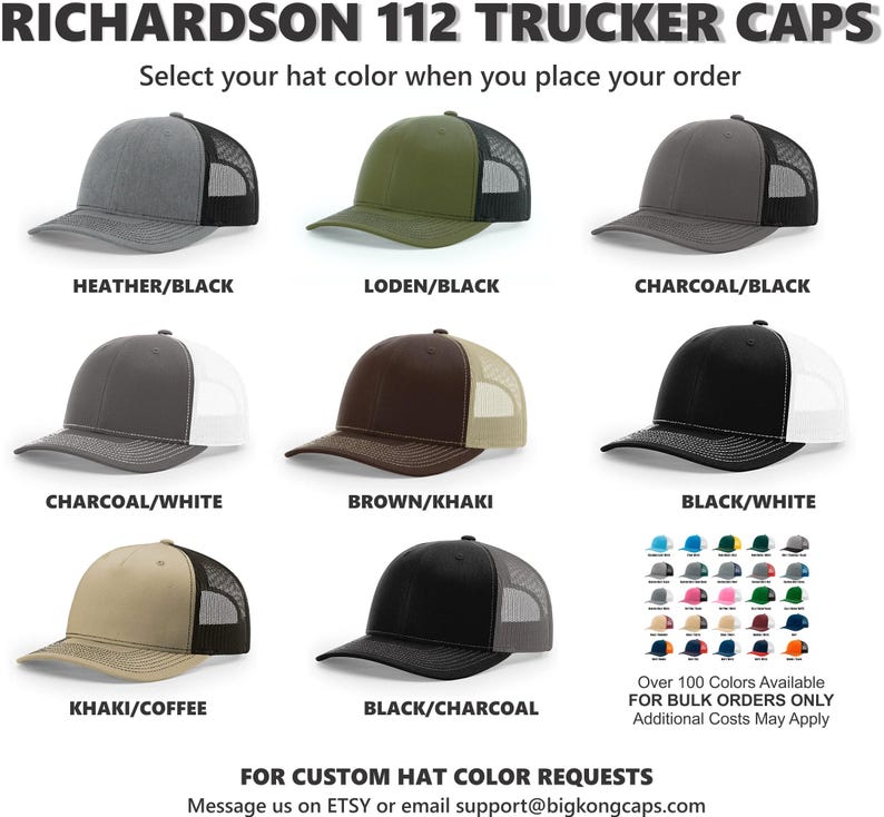 May include: A selection of Richardson 112 trucker caps in various colors, including heather/black, loden/black, charcoal/black, charcoal/white, brown/khaki, black/white, khaki/coffee, and black/charcoal. The image also displays a color chart with over 100 colors available.