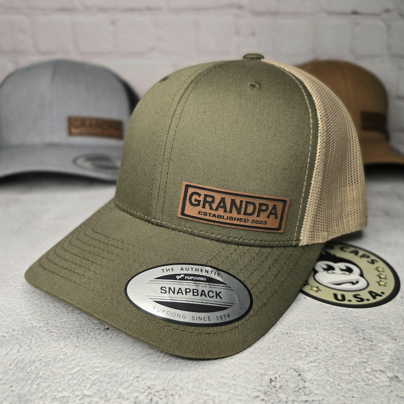 CUSTOM GRANDPA HAT, Grandpa Cap Custom Established Year New Grandpa Hat, Pregnancy Announcement Gifts, Best Custom Grandpa Gift ideas Moss Green/Khaki