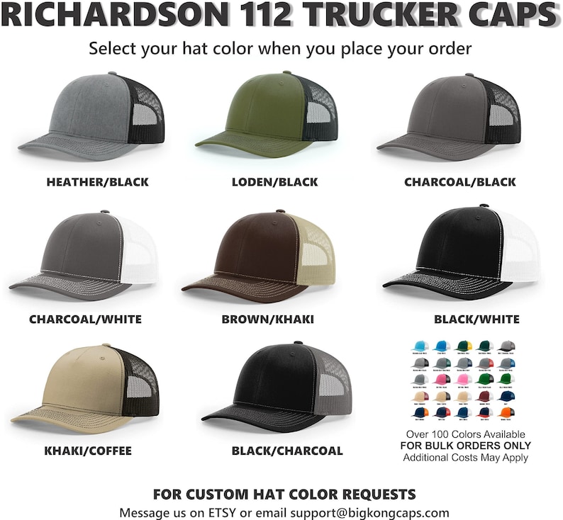 May include: A selection of Richardson 112 trucker caps in various color combinations, including heather/black, loden/black, and charcoal/black. The hats feature a mesh back and a curved brim. The image also displays a color chart with over 100 colors available.