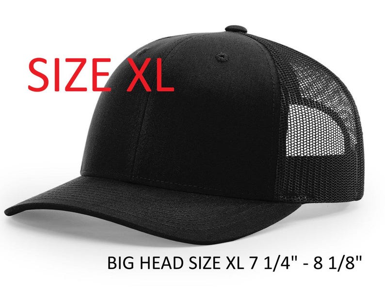 May include: Black XL baseball cap with a mesh back. The cap has a curved brim and a button on top. The text "SIZE XL" is printed in red on the front. The hat size is 7 1/4" - 8 1/8".