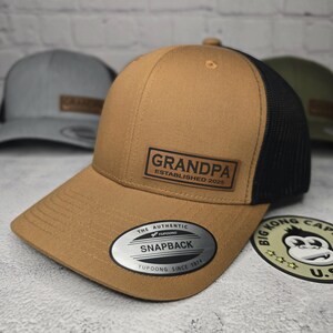 CUSTOM GRANDPA HAT, Grandpa Cap Custom Established Year New Grandpa Hat, Pregnancy Announcement Gifts, Best Custom Grandpa Gift ideas Carhartt Brown/Black