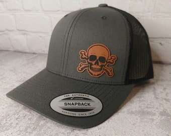 Skull Hat, Skull Cap, Skull Crossbones Patch Trucker Hat, Rocker Snapback Metal Band, Skeleton Bones Hat, Skull and Crossbones Patch Hat