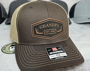 Grandpa Hat, Personalized Grandpa Patch Cap, Custom Deer Antlers Est Year Snapback Hats, Gifts for New Grandfather, Pregnancy Announcement