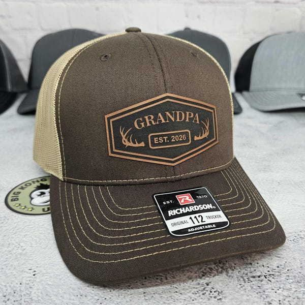 Grandpa Hat, Personalized Grandpa Patch Cap, Custom Deer Antlers Est Year Snapback Hats, Gifts for New Grandfather, Pregnancy Announcement