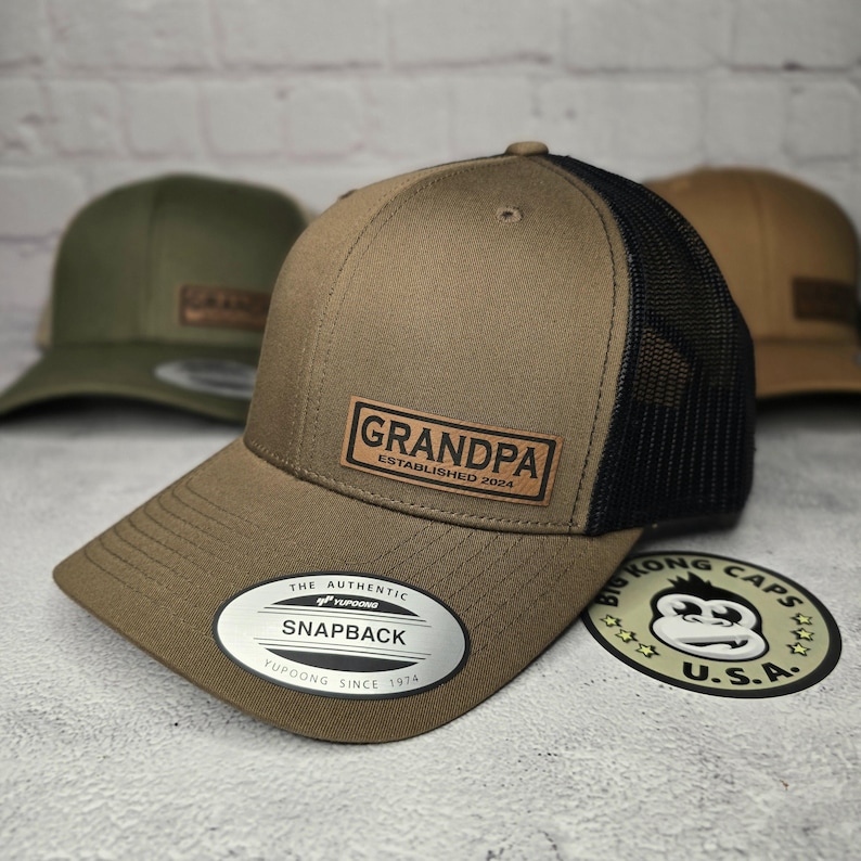 CUSTOM GRANDPA HAT, Grandpa Cap Custom Established Year New Grandpa Hat, Pregnancy Announcement Gifts, Best Custom Grandpa Gift ideas Coyote Brown/Black