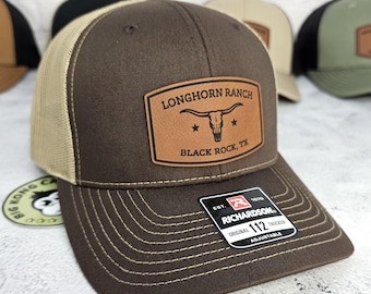 Custom Text Ranch Hat, Personalized Ranch Name Trucker Hat, Farm & Ranch Logo Patch Caps, Texas Longhorn Steer Gifts for Cattle Ranchers