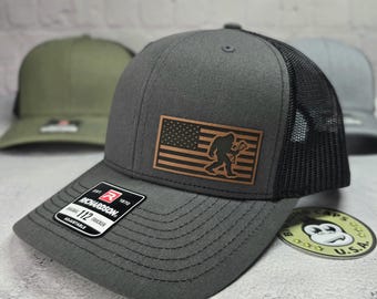 Bigfoot Hat, Compound Bow Hunter Hat, American Flag Bigfoot Dad Hat, Bow Hunting Dad Hat, Archery Bigfoot Lover Gifts, Richardson 112 hats