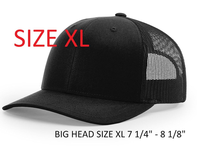 May include: Black XL baseball cap with a mesh back. The cap has a curved brim and a button on top. The text "SIZE XL" is printed in red on the front. The hat size is 7 1/4" - 8 1/8".