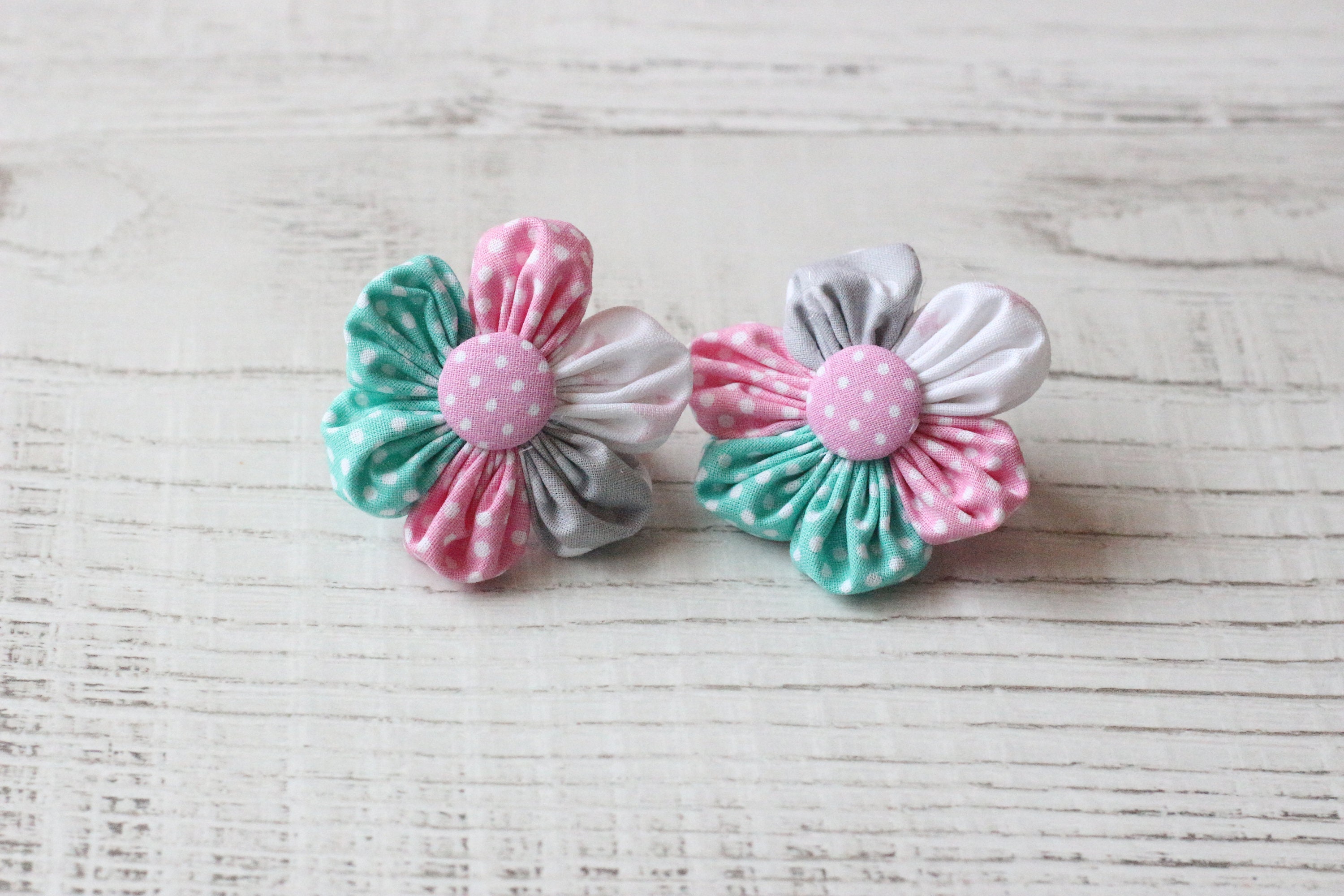 Baby Hair Ties Pink And Mint Kanzashi Flower Toddler Hair Etsy