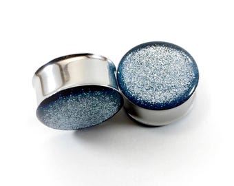 Pale Blue Metallic Glitter Plugs 0g, 00g, 7/16, 1/2, 9/16, 5/8, 3/4, 7/8, 1" (Double Flare & Single Flare available)