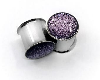 Tapones metálicos con purpurina morada ahumada / Calibres gris púrpura lila / Doble y simple acampanado / 0 g, 00 g, 7/16, 1/2, 9/16, 5/8, 3/4, 7/8, 1” /