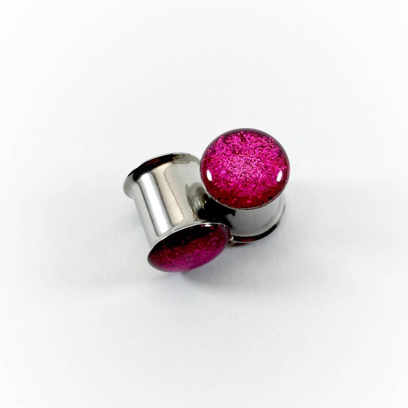 Hot Pink Metallic Glitter Plugs 0g, 00g, 7/16, 1/2, 9/16, 5/8, 3/4, 7/8, 1 Double Flare & Single Flare available image 1