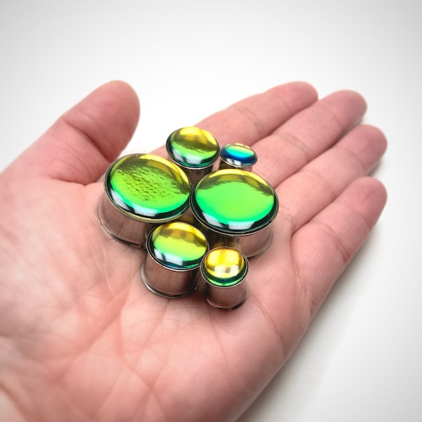 Amber Green Opal Foil Plugs | 1 Pair, Double or Single Flare | 0g, 00g, 7/16, 1/2, 9/16, 5/8, 3/4, 7/8, 1" | Color Shift Gauges