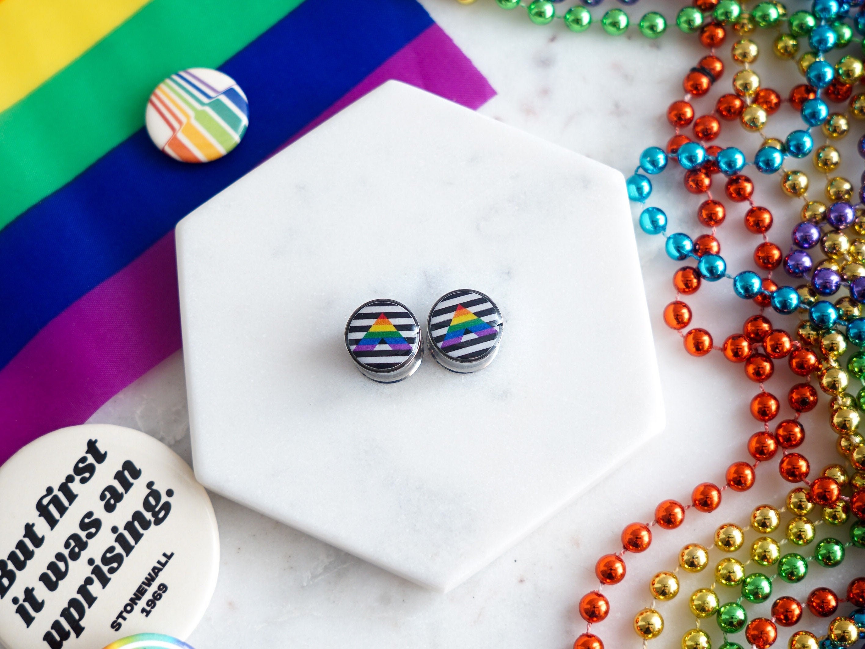 Prises droites Ally Pride Flag | Jauges de fierté gay personnalisées | Bijoux de prise de fierté faits à la main | Double évasement ou évasement simpl