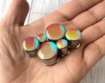 Mystic Opal Foil Plugs 0g, 00g, 7/16, 1/2, 9/16, 5/8, 3/4, 7/8, 1"  (Double Flare & Single Flare available)