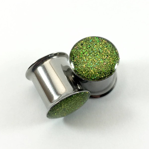 Light Green Holographic Glitter Plugs 0g, 00g, 7/16, 1/2, 9/16, 5/8, 3/4, 7/8, 1" (Double Flare & Single Flare available)