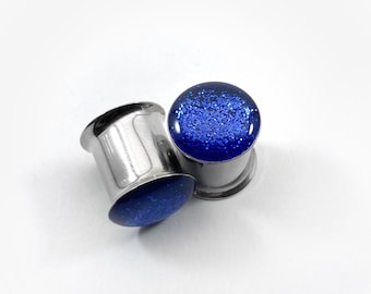 Ultramarine Blue Metallic Glitter Plugs | Deep Blue Sea Gauges | Double & Single Flare | 0g, 00g, 7/16, 1/2, 9/16, 5/8, 3/4, 7/8, 1” |