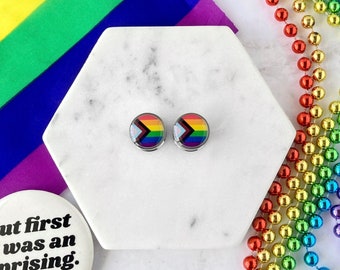 Progress Pride Flag Plugs | Custom Gay Pride Gauges | Handmade Gay Pride Plug Jewelry | Double Flare or Single Flare | Sizes from 0g-1” |
