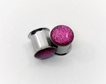 Bubblegum Pink Metallic Glitter Plugs | Rose Pink Glitter Gauges | Double & Single Flare | 0g, 00g, 7/16, 1/2, 9/16, 5/8, 3/4, 7/8, 1” |