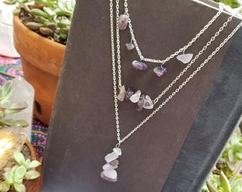 3 tier amethyst necklace - Natural stone necklace - silver chain amethyst necklace - Layered necklace