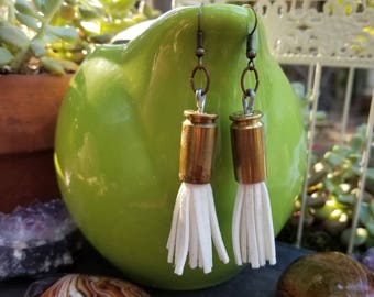 Bullet earrings - Leather earrings - Fringe earrings - 40 caliber earrings