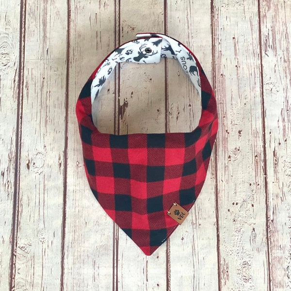 Red and Black Plaid Dog Bandana | Buffalo Plaid Dog Bandana | Adventure Dog Bandana | Bandana for Dogs | Winter | Plaid | Reversible | Snap