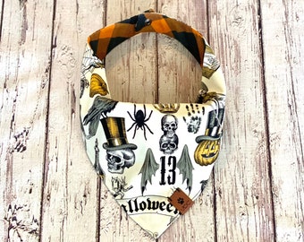 Halloween Dog Bandana | Orange Plaid Dog Bandana | Personalized Dog Bandana | Skulls | Pumpkins | Dog Bandana With Name | Snap On | Spiders