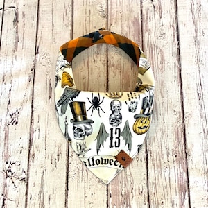 Halloween Dog Bandana | Orange Plaid Dog Bandana | Personalized Dog Bandana | Skulls | Pumpkins | Dog Bandana With Name | Snap On | Spiders
