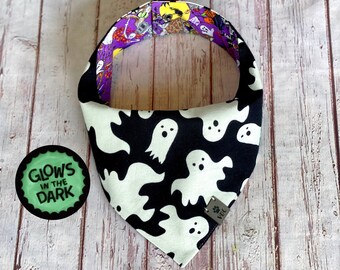 Bandana phosphorescent pour chien | Bandana pour chien fantôme | Bandana pour chien avec nom | Halloween | Réversible | Encliquetable | Bandana personnalisé pour chien