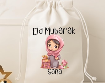 Custom Eid Mubarak Canvas Gift Bag, Personalized Kids Party Favor, Ramadan Celebration Pouch