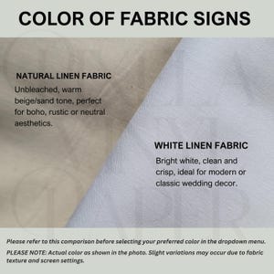 Peut inclure: Image comparant deux types de tissu : lin naturel et lin blanc. Le lin naturel est beige/sable, tandis que le lin blanc est blanc &eacute;clatant. Le texte indique "COLOR OF FABRIC SIGNS" et des descriptions.
