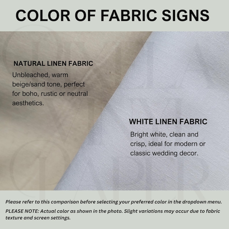 Peut inclure: Image comparant deux types de tissu : lin naturel et lin blanc. Le lin naturel est beige/sable, tandis que le lin blanc est blanc &eacute;clatant. Le texte indique "COLOR OF FABRIC SIGNS" et des descriptions.